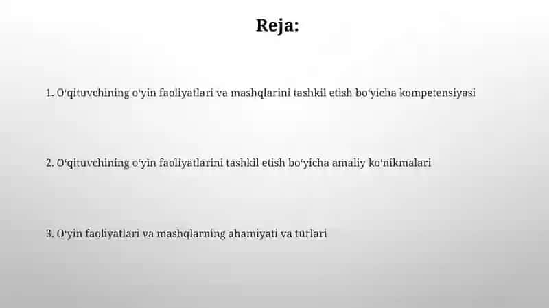 O'qituvchining o'yin faoliyatlari va mashqlarini tashkil etish bo'yicha kompetensiyasi 2