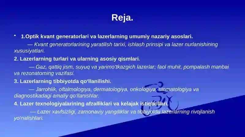 Optik  kvant  generatorlari. Lazerlar va tibbiyotda qo’llanilishi. 2