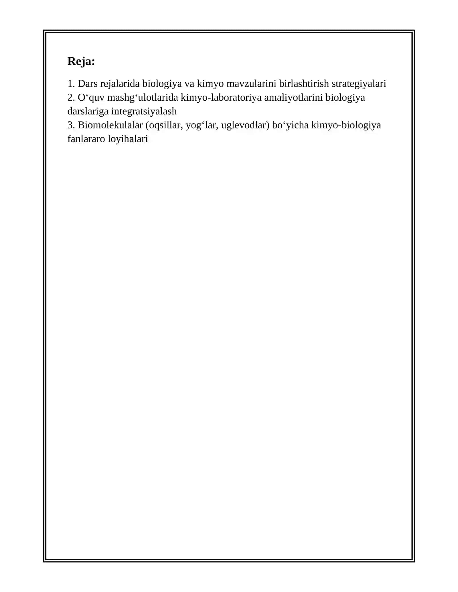 BIOLOGIYANI OʻQITISHDA KIMYO FANI BILAN FANLARARO BOGʻLANISHNI AMALGA OSHIRISH YOʻLLARI 2