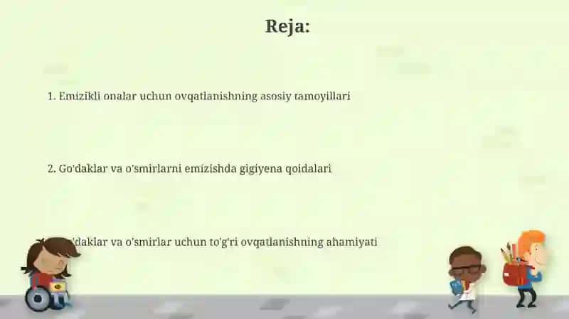 Emizikli ayollar bolalar va oʻsmirlar ovqatining gigiyenik asoslari, ovqatlanish jihatlari 2
