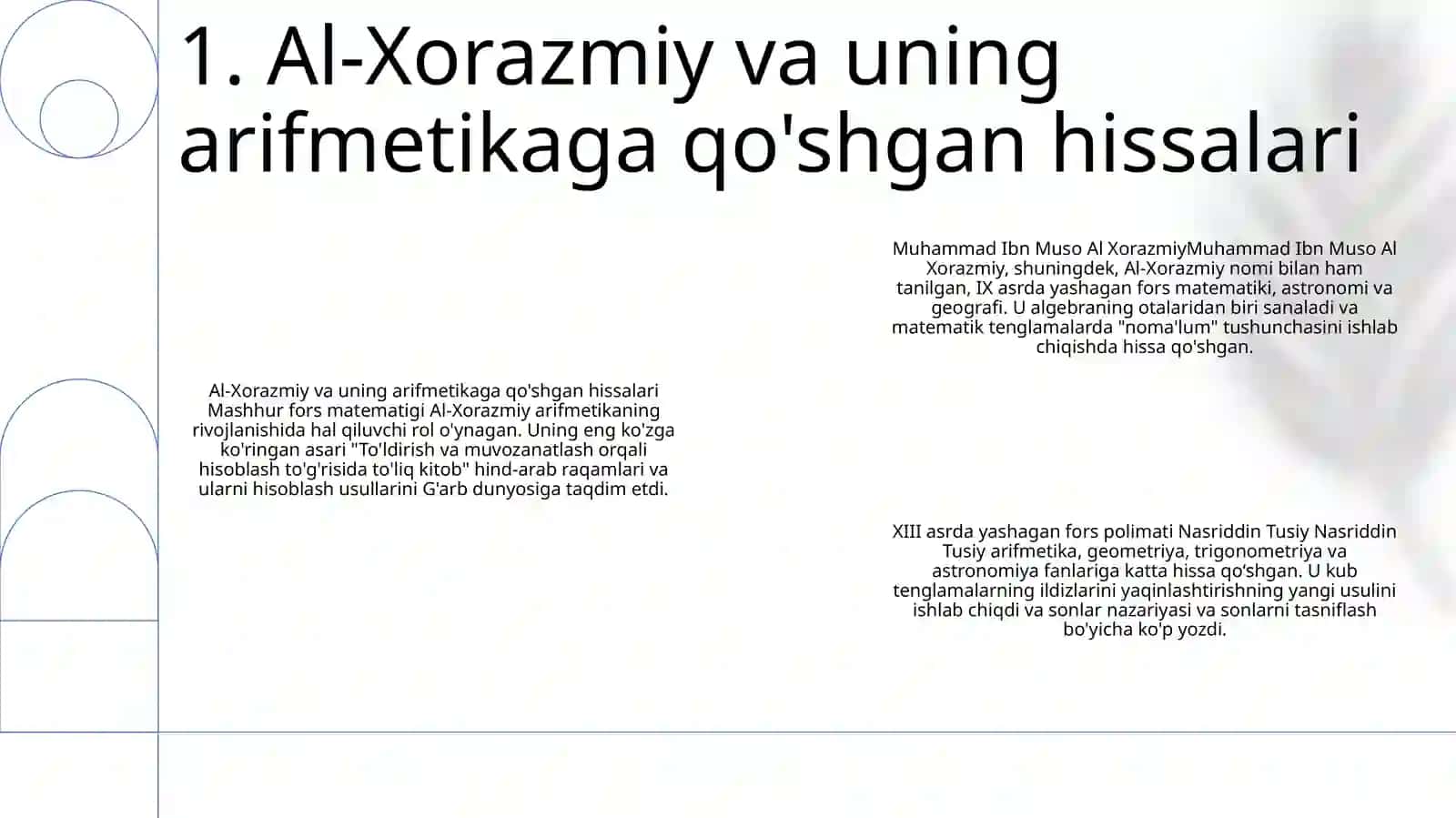 Muhammad Ibn Muso Al Xorazmiy Nasriddin Tusiy Jamshid GʻIyosiddin Al Koshiy UlugʻBek Asarlarida Arifmetikaning Rivojlanish Haqida Malumotlar 2