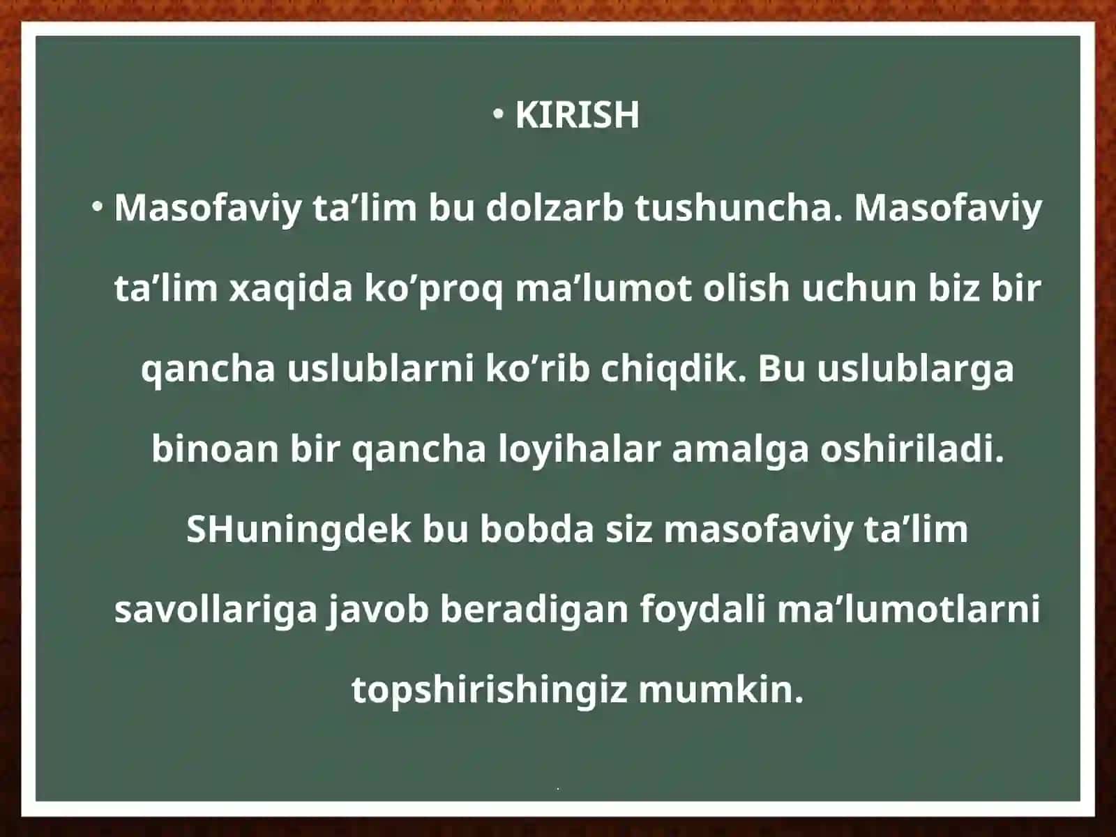 Axborot-kommunikatsiya texnologiyalari yordamida masofaviy o'qitish 2