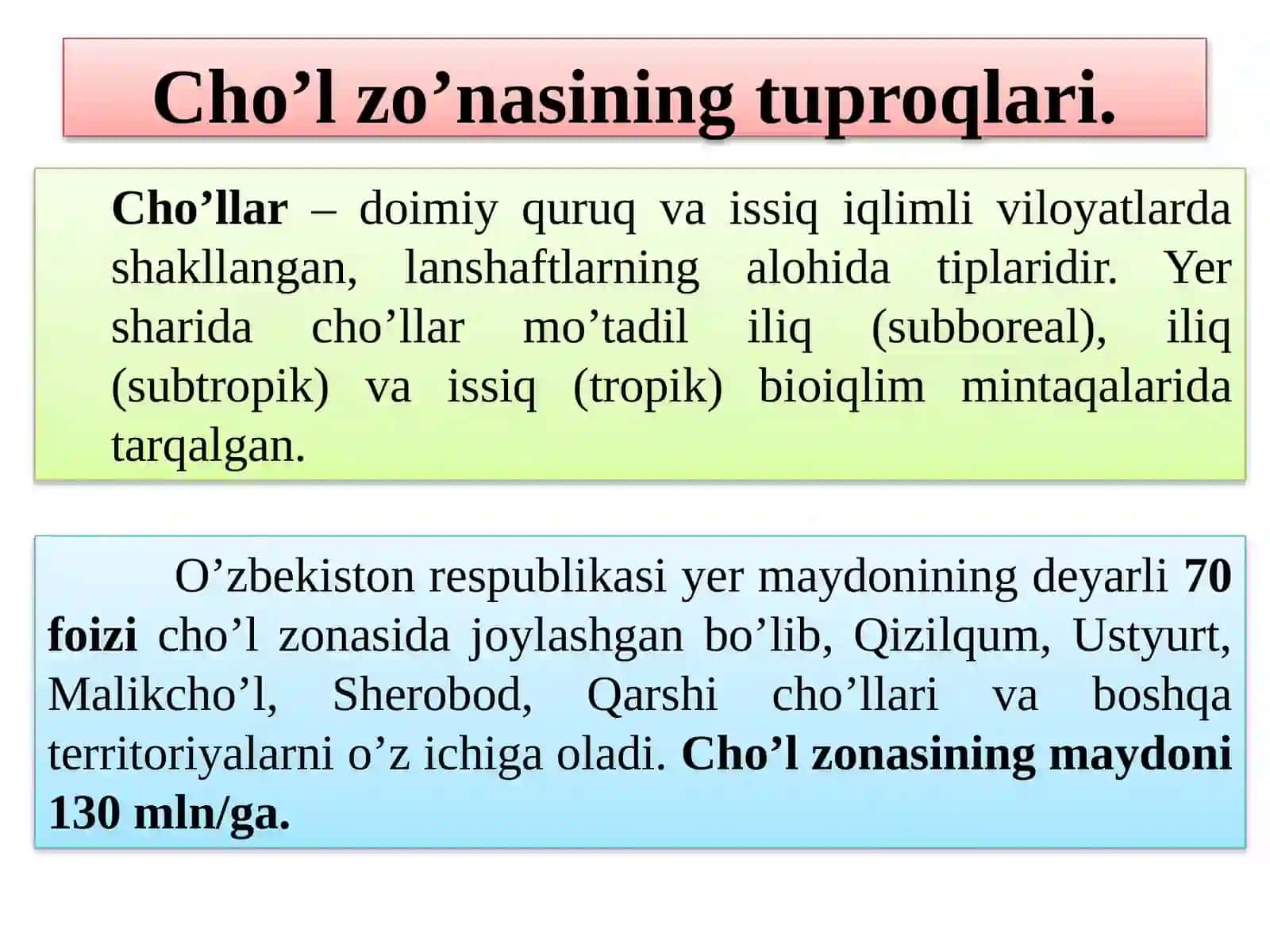 O’zbekistonning cho’l zo’nasi tuproqlari va gidromorf tuproqlar 2