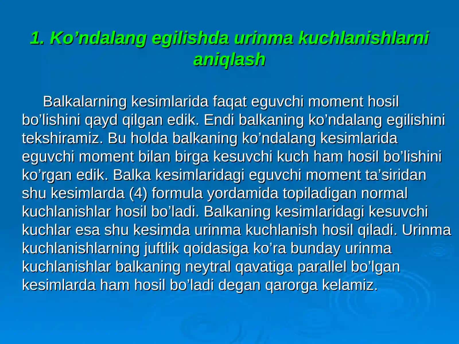 Ko’ndalang egilishda urinma kuchlanishlarni aniqlash 2