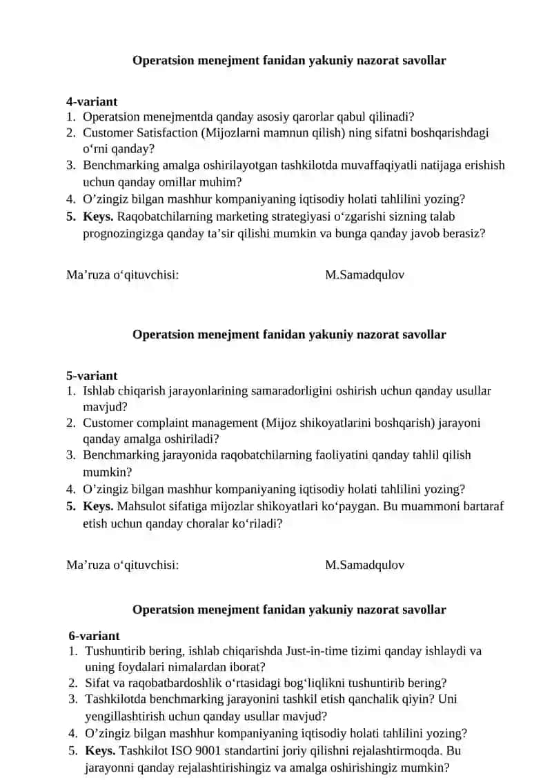 Operatsion menejment fanidan yakuniy nazorat savollar 2
