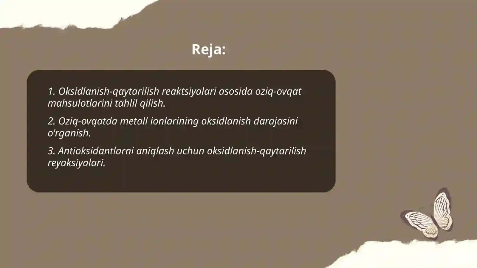 Anoletik kimyoda oksidlanish va qaytarish reyaksiyalariga asoslangan taklil usullarining oziq ovqat sanoatidagi o'ni 2