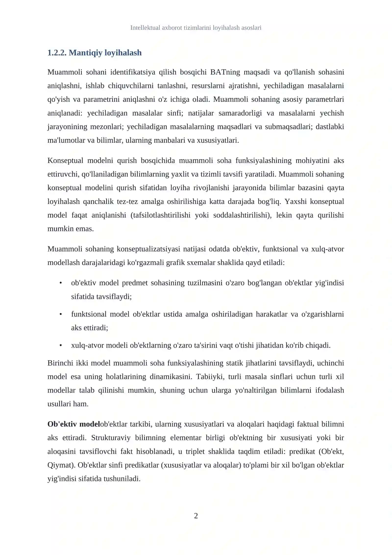 Intellektual axborot tizimlarini loyihalash asoslari 2