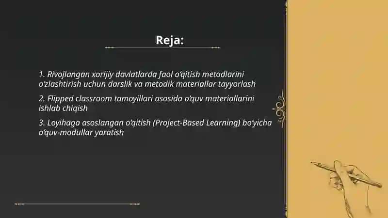 Rivojlangan xorijiy davlatlar tajribasi asosida o‘qitish metodlari bo‘yicha materiallar tayyorlash 2