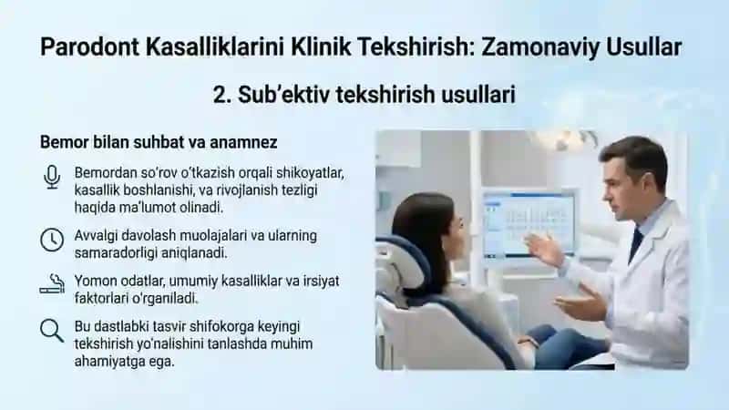Parodont kasalliklari klinik tekshirish usullari (sub’ektiv, ob’ektiv tekshirish usullari, PMA, KPI, 2
