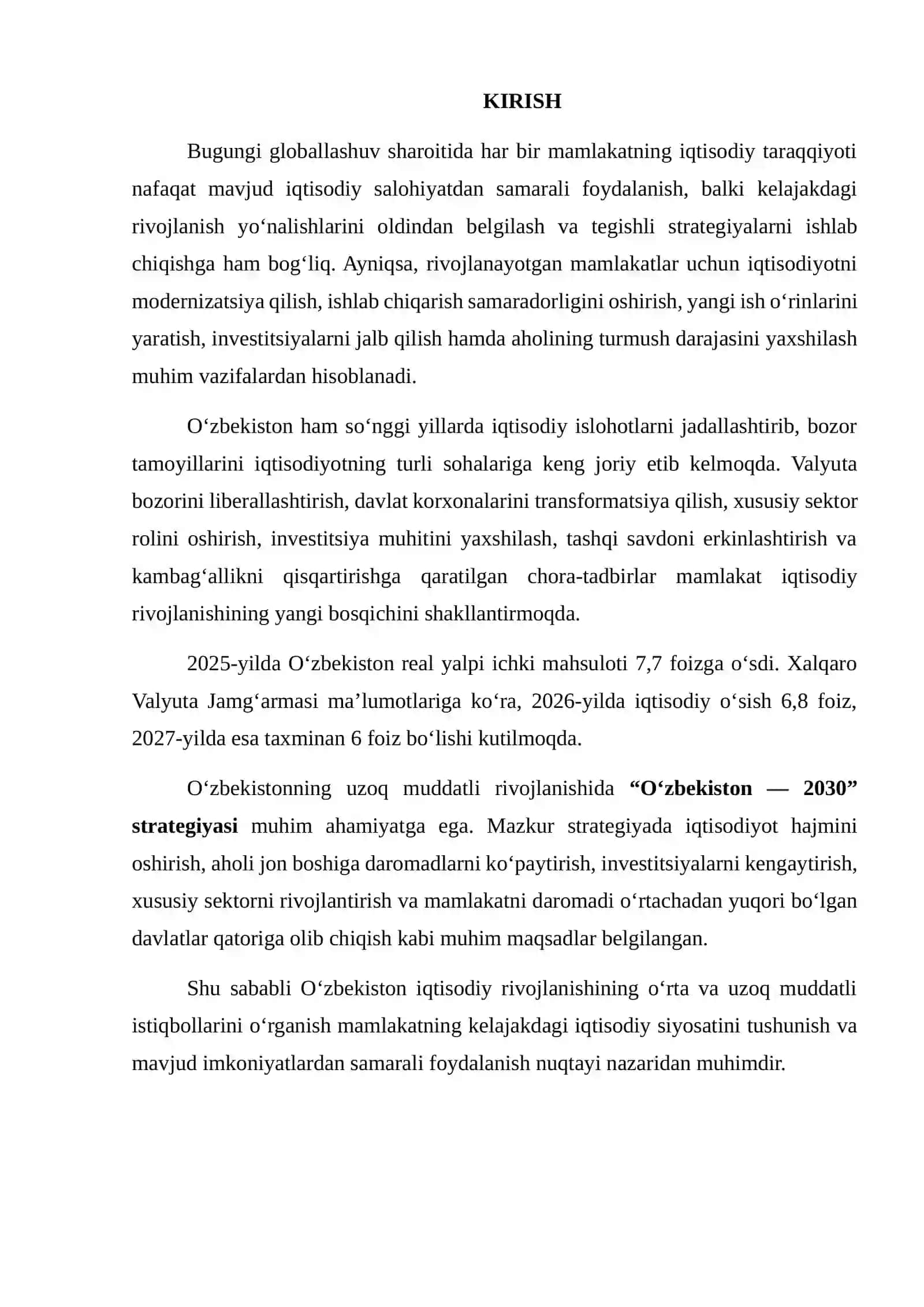 O‘ZBEKISTON IQTISODIY RIVOJLANISHINING O‘RTA VA UZOQ MUDDATLI ISTIQBOLLARI BO‘YICHA TAHLILIY MA’LUMOTNOMA 2
