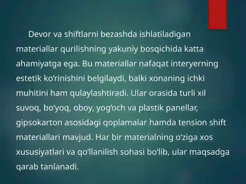 Devor va shiftlar uchun pardozlovchi materiallar 2