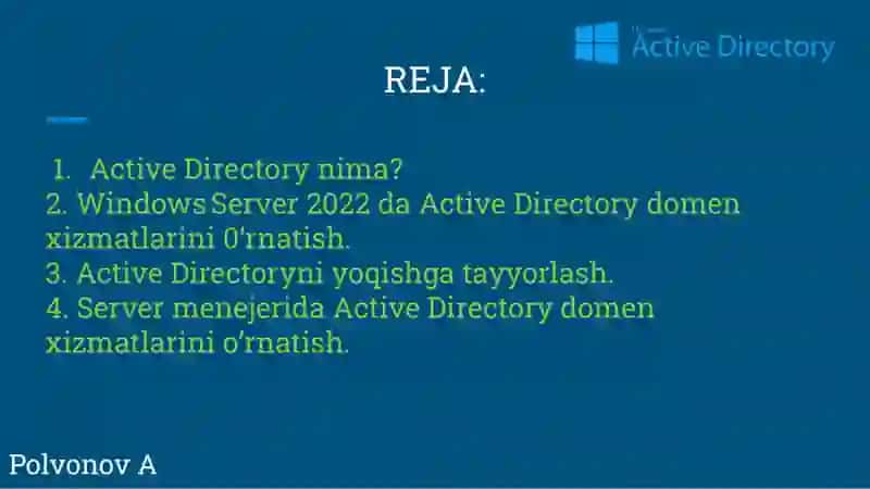 Windows Server 2022 da Active Directory domen xizmatlarini 0‘rnatish. Active Directory domen xizmatlarini o‘rnatish. Active Directoryni yoqishga tayyorlash. Server menejerida Active Directory domen xizmatlarini o’rnatish. 2
