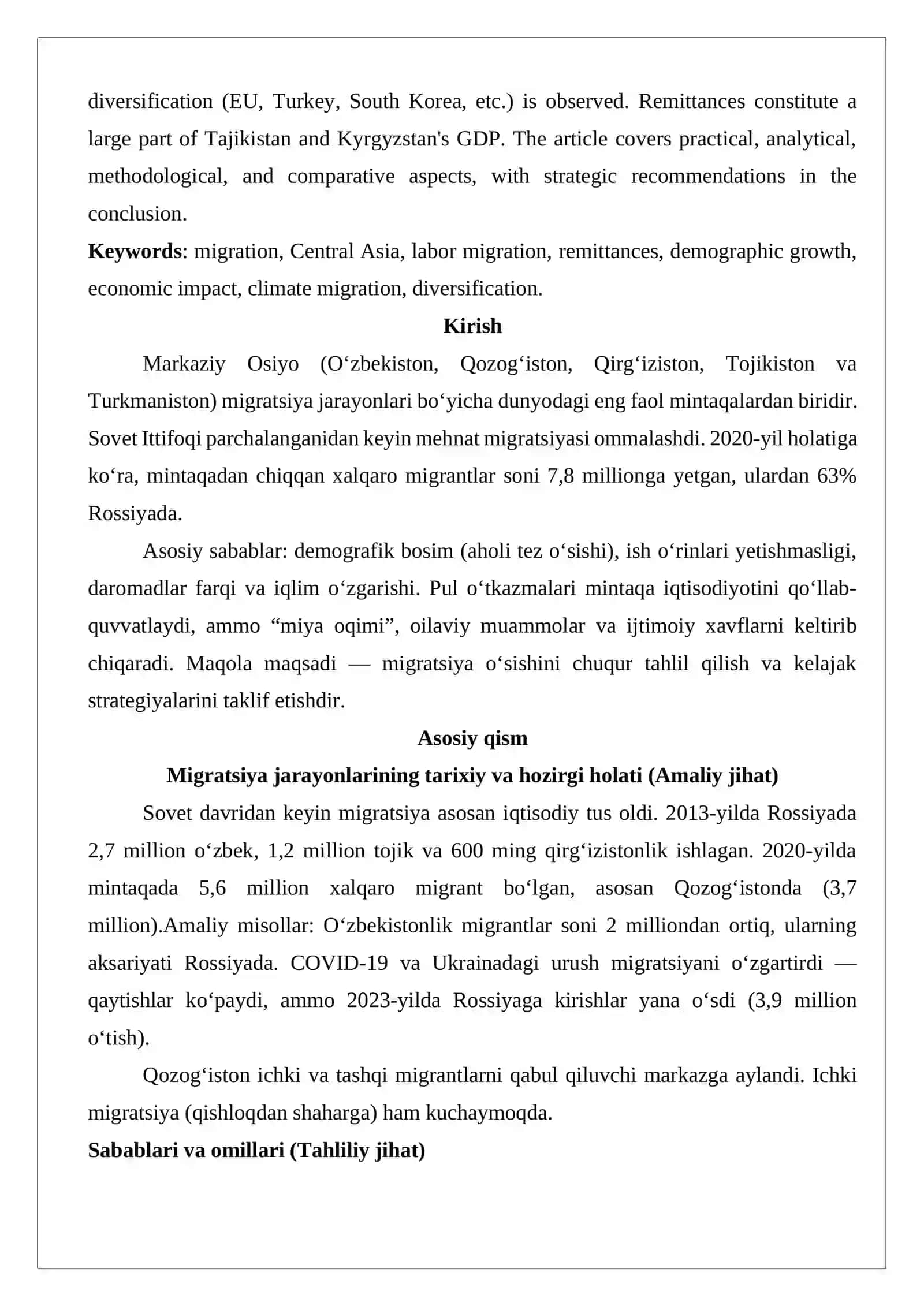 Markaziy Osiyo migratsion jarayonlarining o‘sib borishi 2