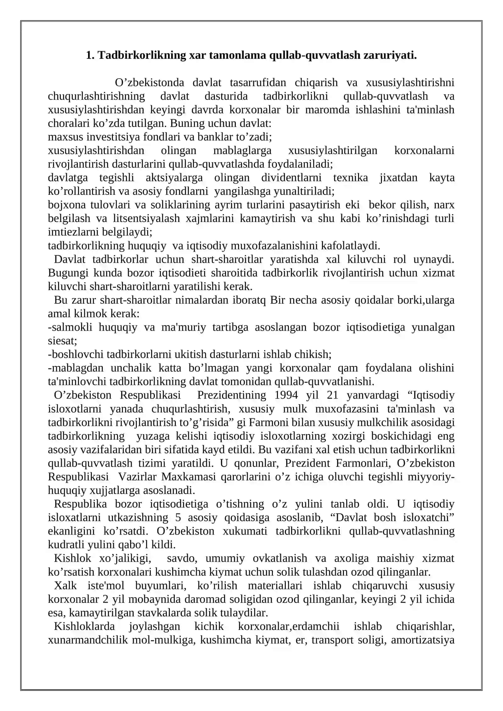 Kichik biznes va tadbirkorlikni davlat tomonidan qo'llab quvatlash chora tadbirlari 2