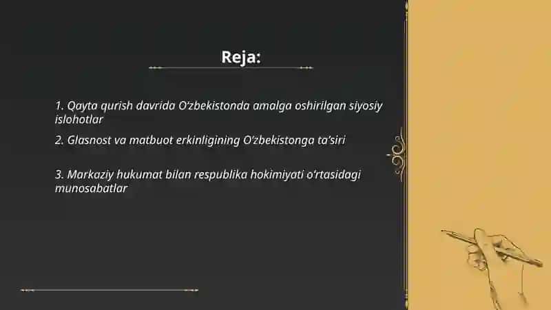 Qayta qurish "yillarida Uzbekistondagi ijtimoiy-siyosiy vaziyat 2