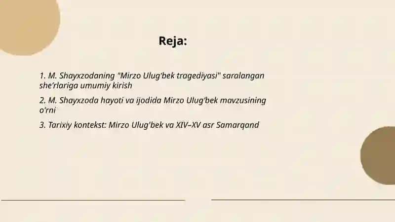 M. Shayxzodaning Mirzo Ulugʻbek tragediyasi saralangan sherlarini oʻqish 2