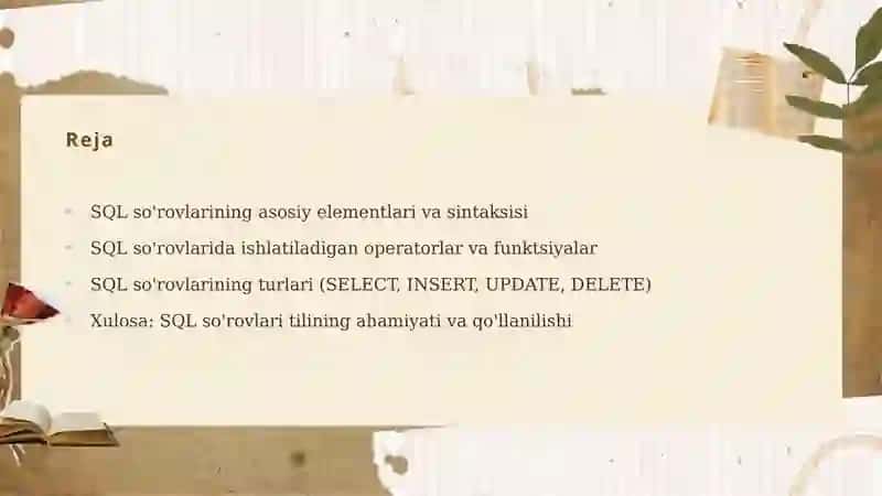 SQL so'rovlarining asosiy elementlari va sintaksisi 2