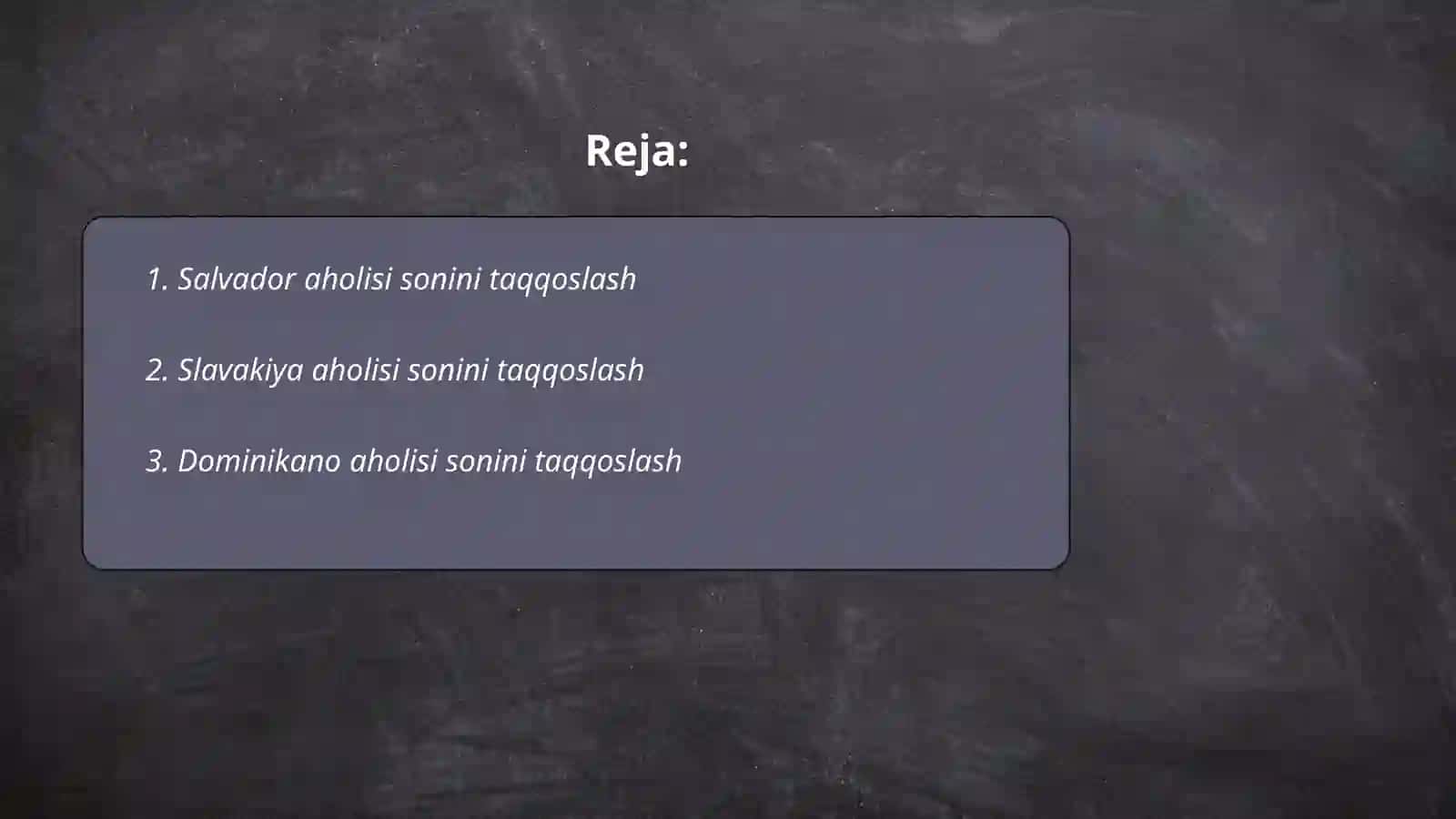 Salvador, Slavakiya, Dominikano, Fillipin, Albaniya mamlakatlarining aholi soni, iqtisodiy oʻsish darajasi va oʻsish suratlarini taqqoslash 2
