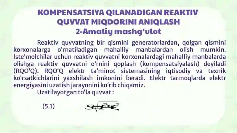 KOMPENSATSIYA QILANADIGAN REAKTIV QUVVAT MIQDORINI ANIQLASH 2