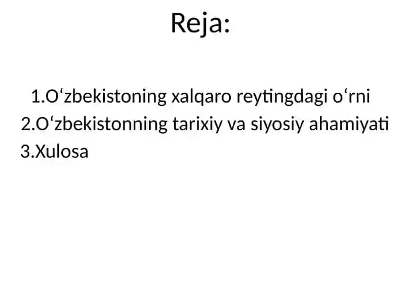Oʻzbekistonnixalqaro reytingdagikoʻrsatgichlarinikoʻtarishningtarixiy va siyosiy ahamiyati 2