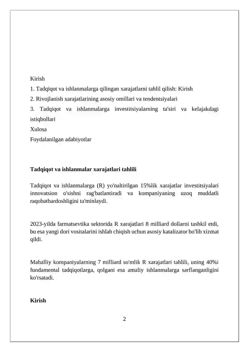 Tadqiqot va konstruktorlik ishlariga qilingan xarajatlar tahlili 2