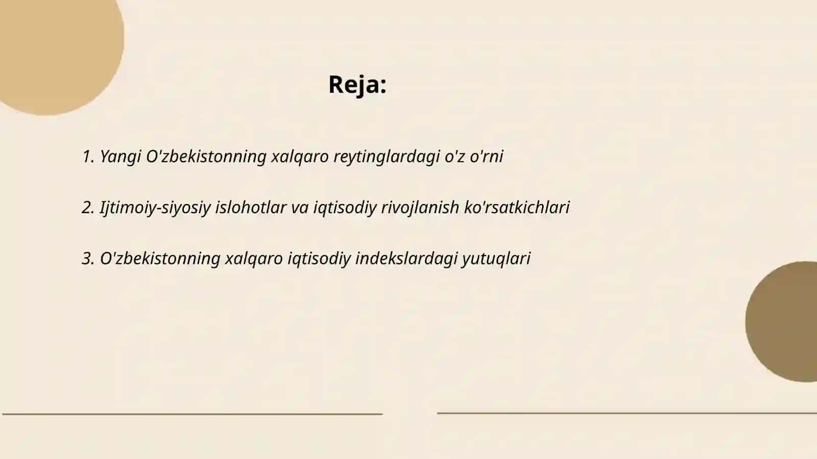 Yangi O'zbekistom ijtimoiy-siyosiy, iqtisodiy va madaniy hayotida roy berayotgan o'zgarishlarning xalqaro reyting va indekislarda aks etish 2