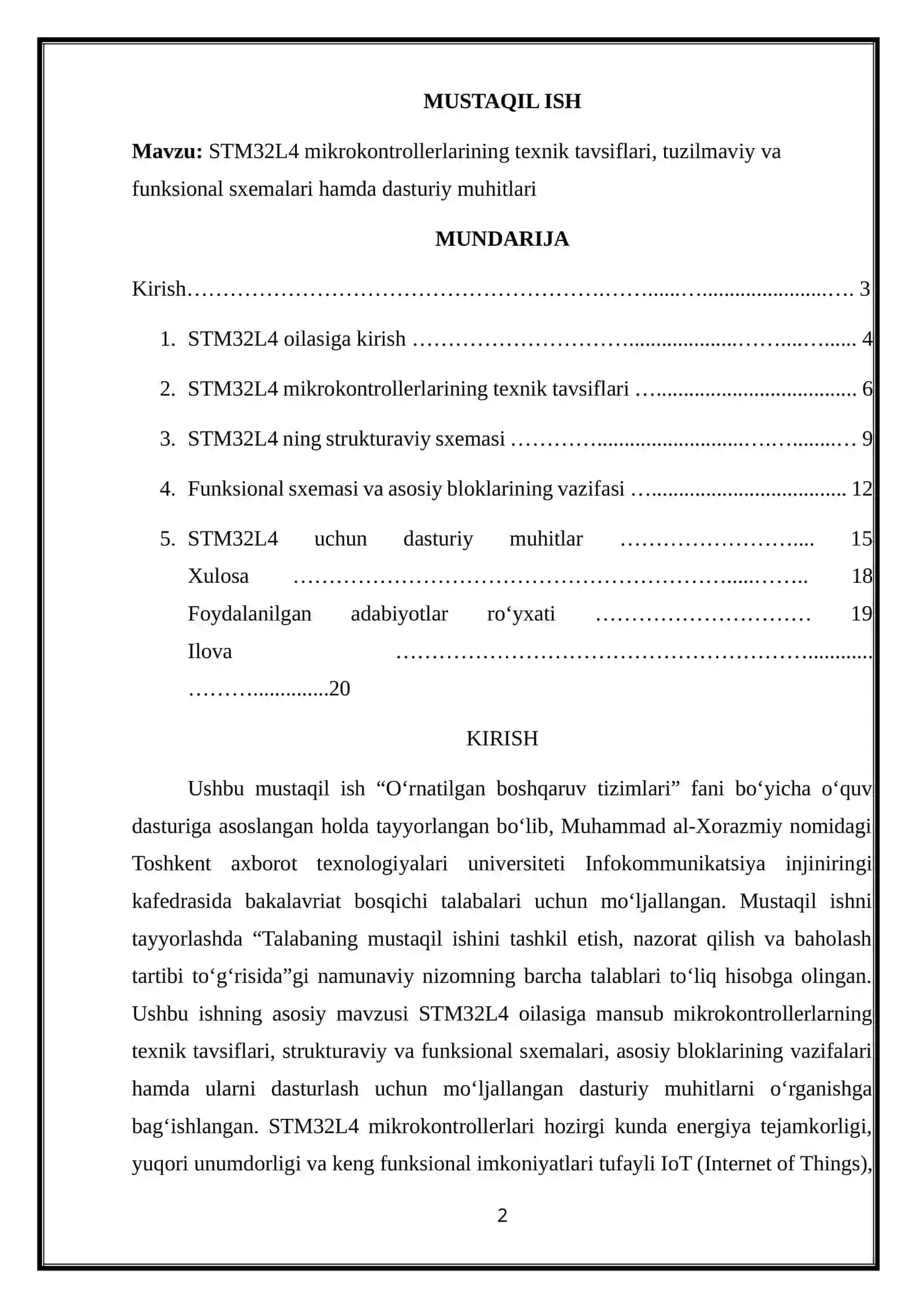 STM32L4 mikrokontrollerlarining texnik tavsiflari, tuzilmaviy va funksional sxemalari hamda dasturiy muhitlari 2