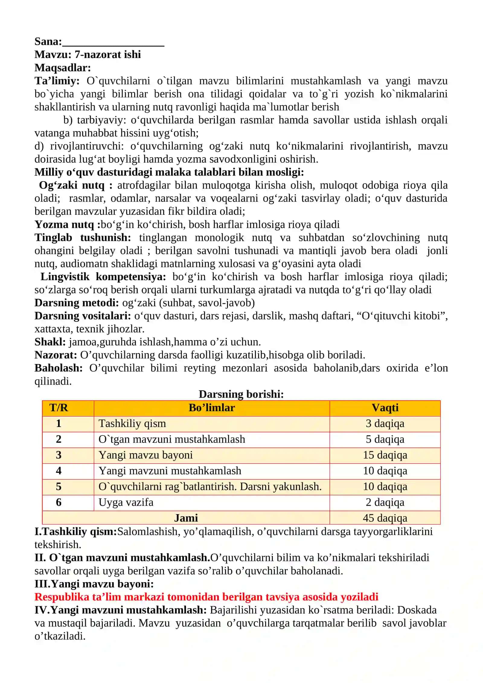 3-sinf Ona tili va o'qish savodxonligi fanidan 3-chorak Nazorat ishi 2