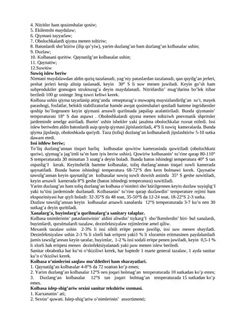 Kolbasa islep shig’ariwg’a gigienaliq talaplar. Kolbasa islep shig’ariwda sanitariyaliq baqlaw 2