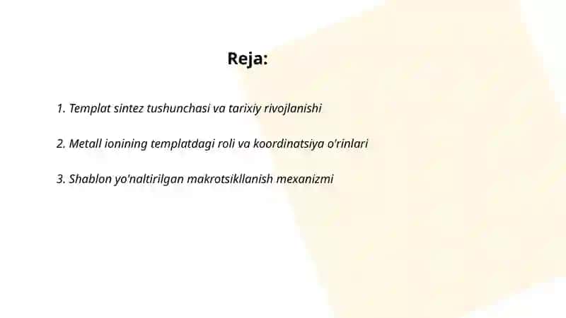 Templat sintez mohiyati.Erituvchi tabiati va kompleks birikmalarning eruvchanligi 2