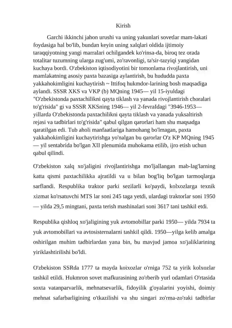 O’zbekistonda 50-70 yillarda paxta yakka hokimligining kuchayishi va ekalogik muammolarning kelib chiqishi 2