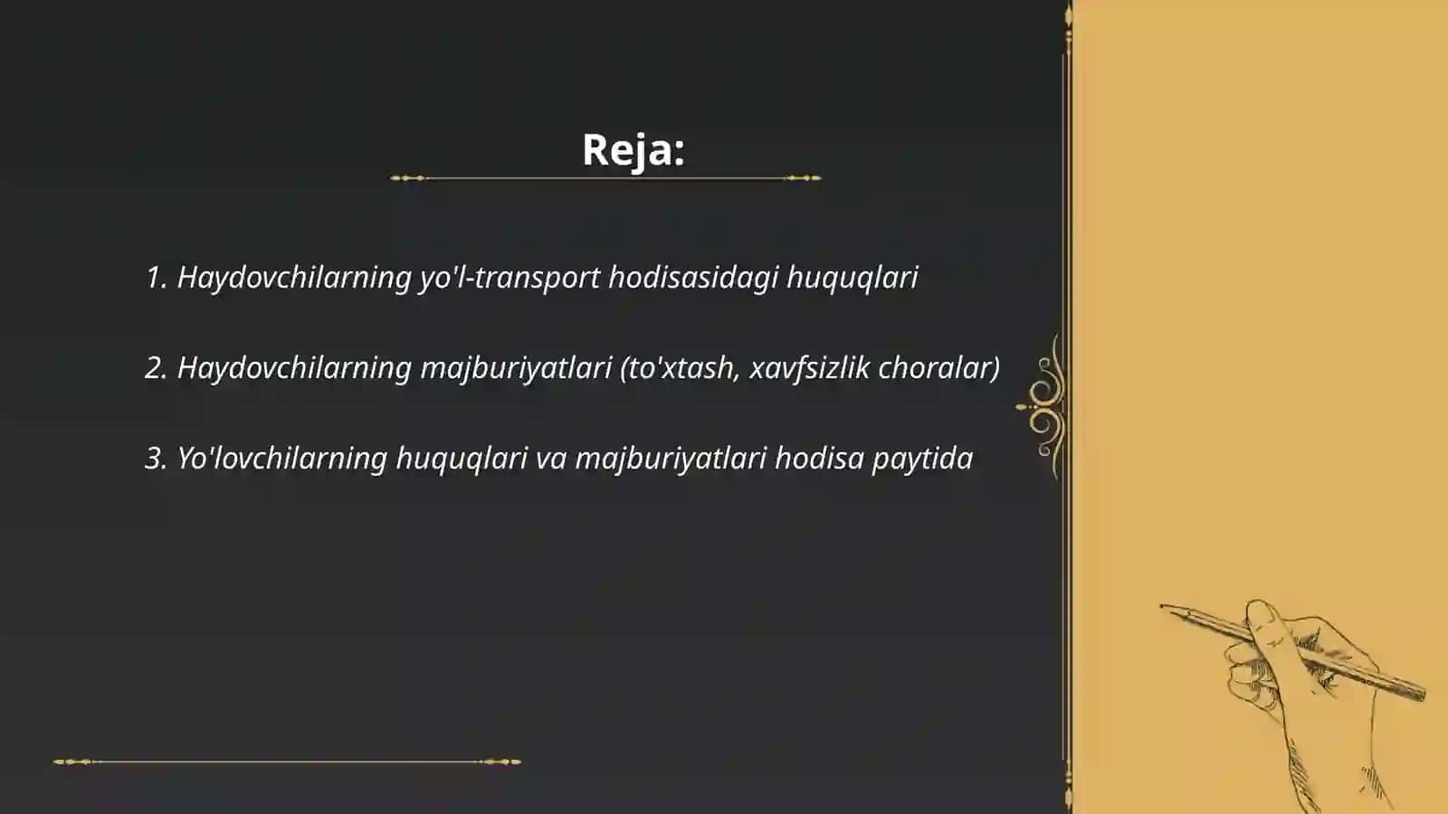 Yo'l transport hodisada ishtirokchilarning huquqlari va majburiyatlari 2