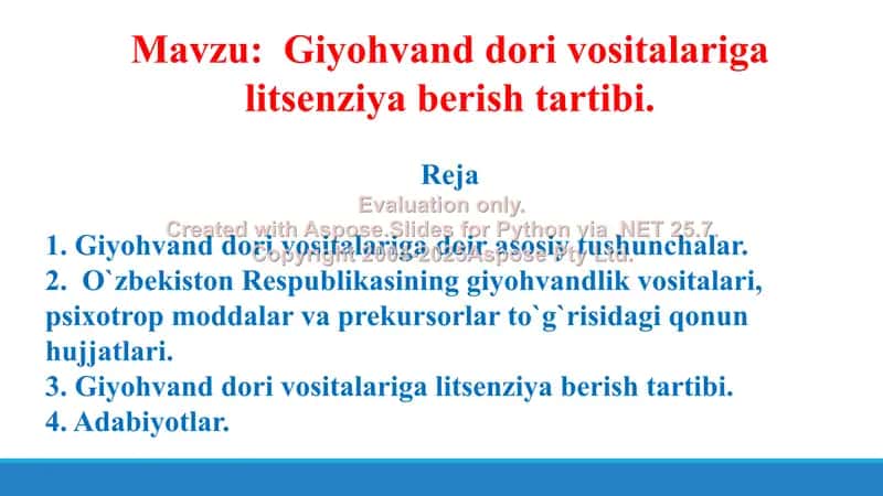 18. Giyohvand dori vositalariga litsenziya berish tartibi. Taqdimot 11 bet. 2