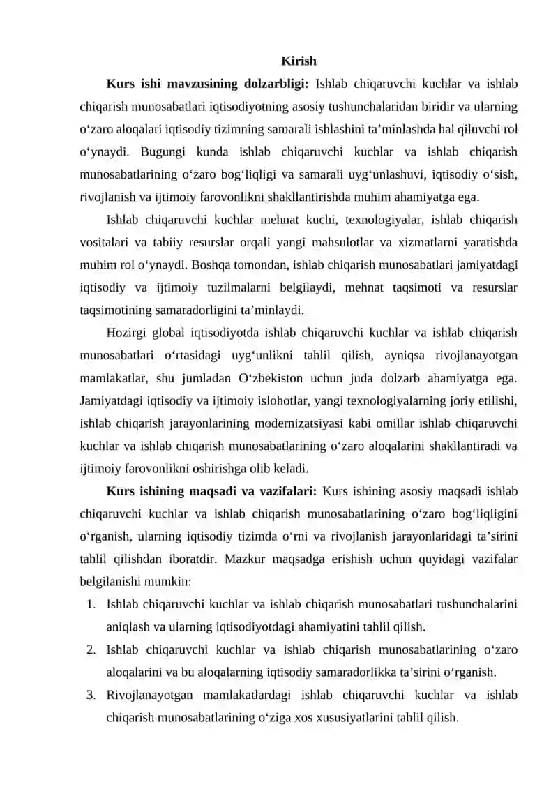 Kurs ishi mavzusi: Ishlab chiqaruvchi kuchlar va ishlab chiqarish munosabatlari 2