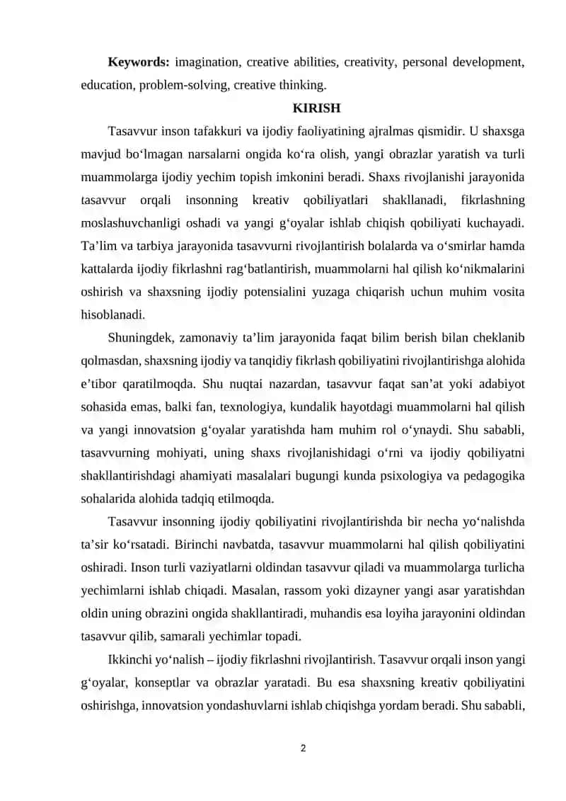 TASAVVUR. IJODIY QOBILYATNI SHAKILLANTIRISHDA TASAVVURNING AHAMIYATI 2