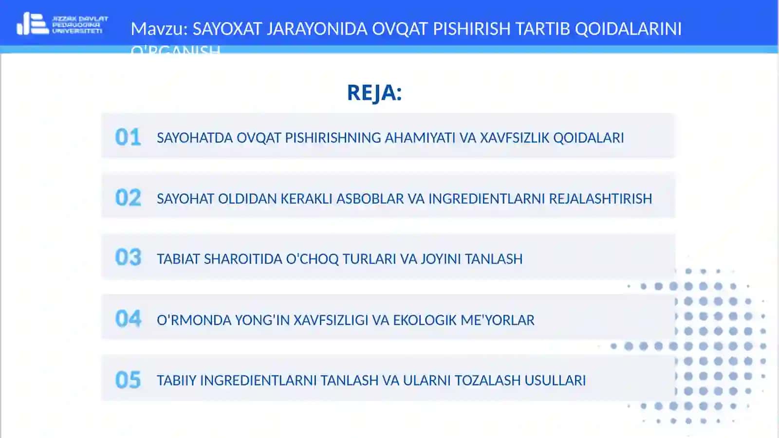 SAYOXAT JARAYONIDA OVQAT PISHIRISH TARTIB QOIDALARINI O'RGANISH 2