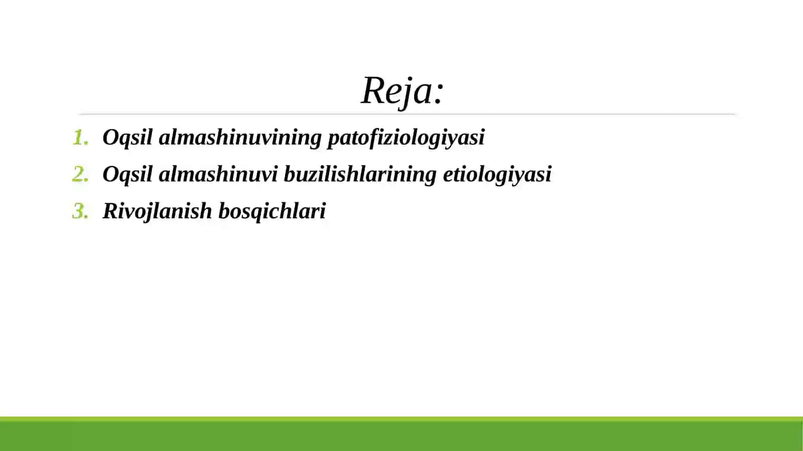 Oqsil almashinuvining patofiziologiyasi. Oqsil almashinuvi buzilishlarining etiologiyasi, patogenezi, rivojlanish bosqichlari. Refraktometriya yordamida qon plazmasining solishtirma og'irligiga muvofiq qon zardobidagi umumiy oqsil miqdorini aniqlash. Azot balansi, turlari va etiologiyasi.Laborator ish: Refraktometrik usulida kasallarni qon zardobida oqsil miqdorini aniqlash.Olingan natijalarni Reys jadvalidagi ko'rsatkichlarga solishtirib qon zardobidagi oqsil miqdorini aniqlash. 2