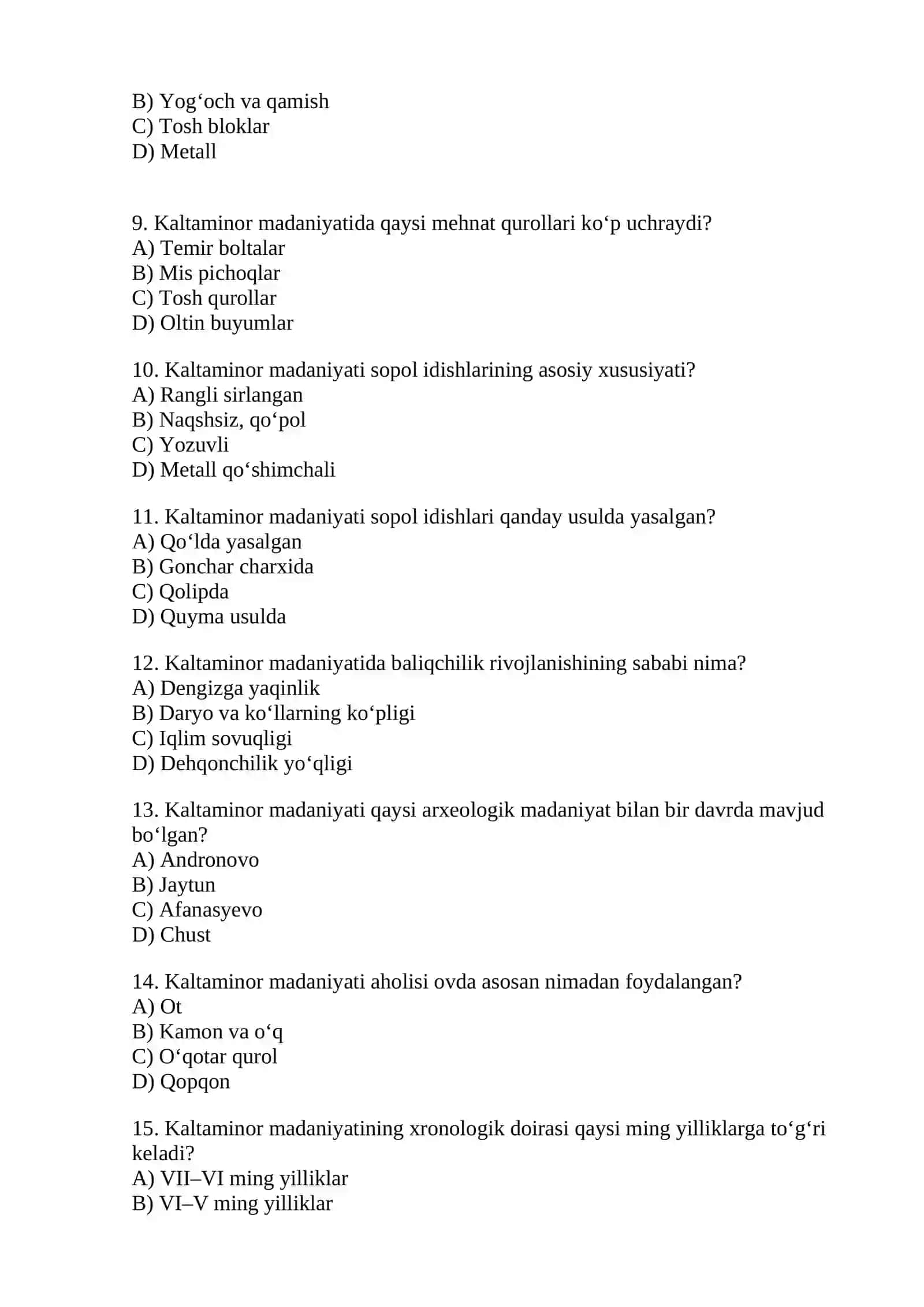 Kaltaminor madaniyati arxeologiyasi bo‘yicha testlar 2