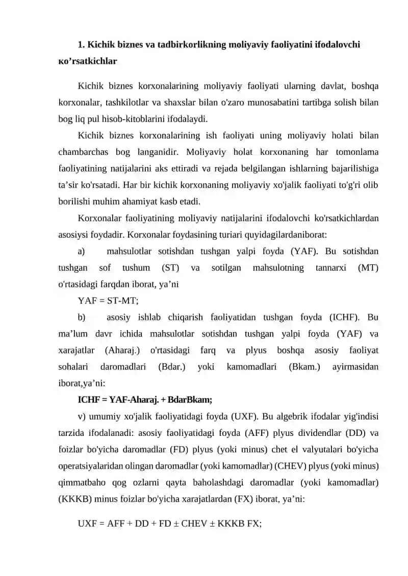 Kichik biznes va tadbirkorlikning moliyaviy faoliyatini ifodalovchi ко’rsatkichlar 2