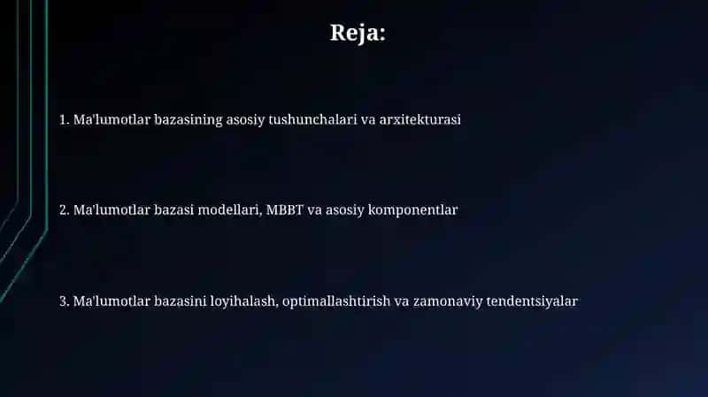 Ma'lumotlar bazasi. Uning arxitekturasi 2