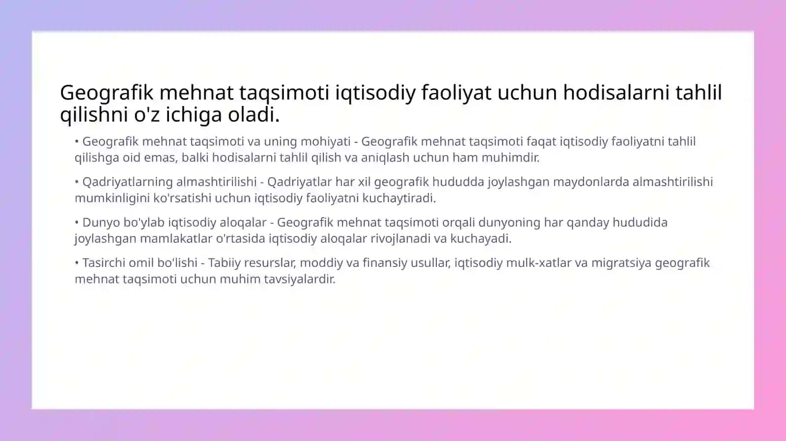 Iqtisodiy geografiyaning asosiy tushunchalari geografik mehnat taqsimoti, geografik oʻrin, iqtisodiy rayon 2