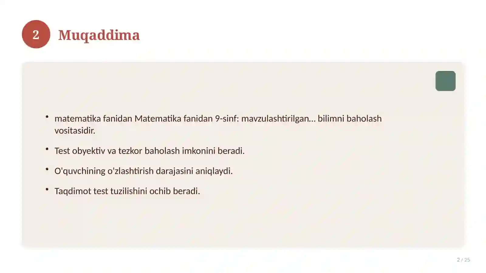 Matematika fanidan 9-sinf: mavzulashtirilgan nazorat ishi va tahlil 2