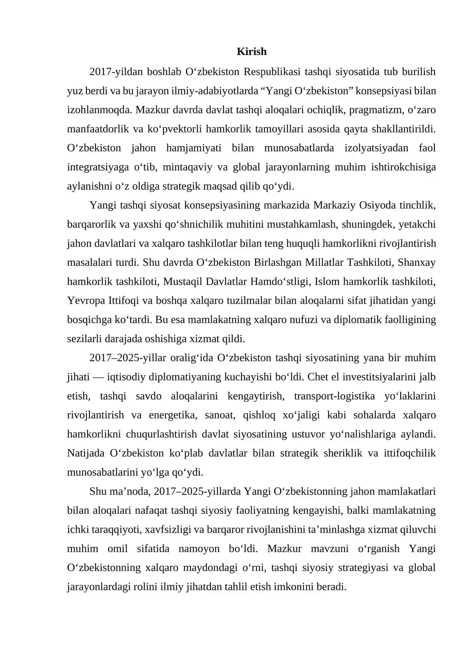 YANGI O’ZBEKISTONNING JAHON MAMLAKATLARI BILANN ALOQALARI (2017-2025) 2