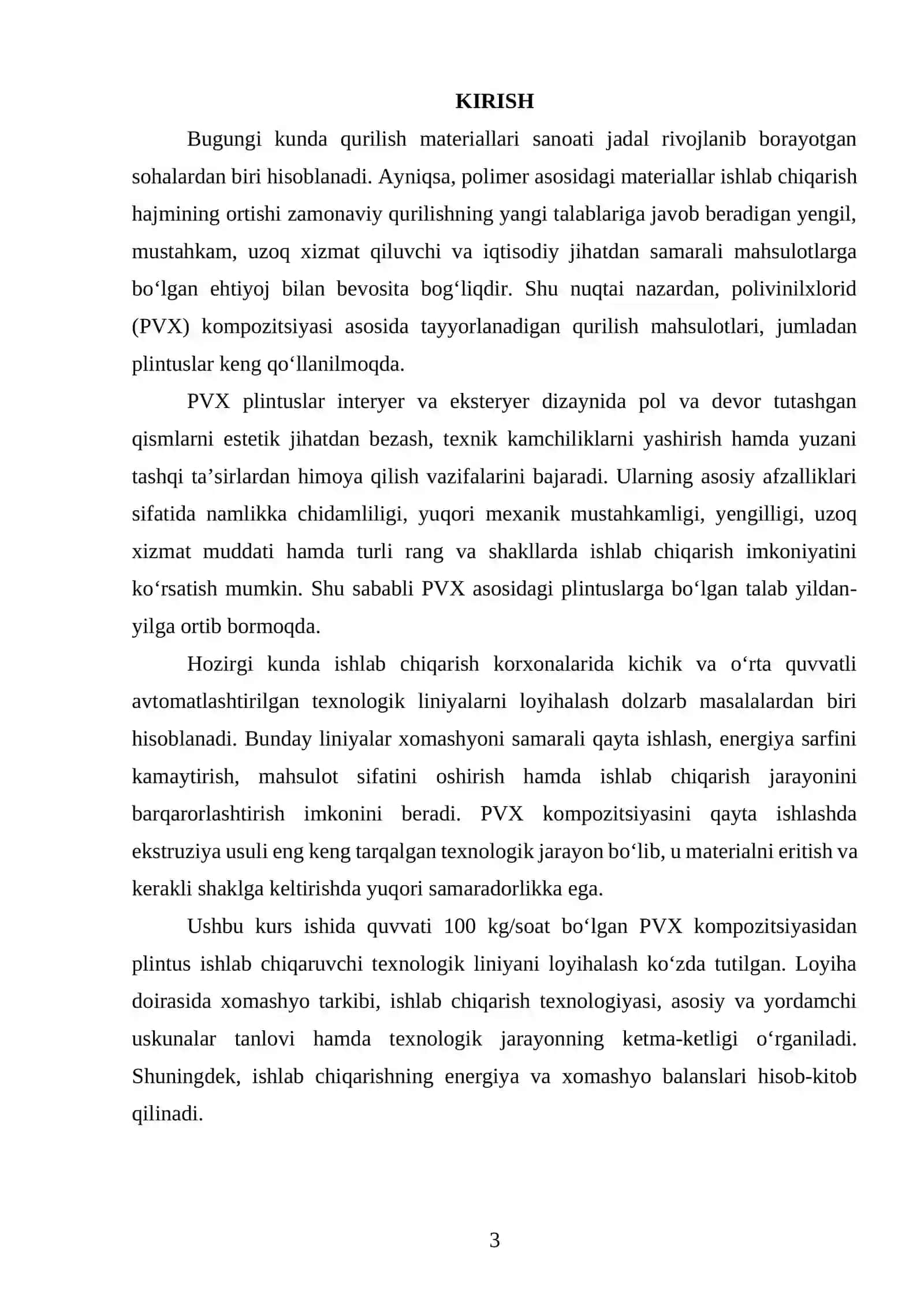 PVX kompozitsiyadan quvvati 100 kg/soat boʻlgan plintus ishlab chiqaradigan texnologik liniyani loyihalash 2