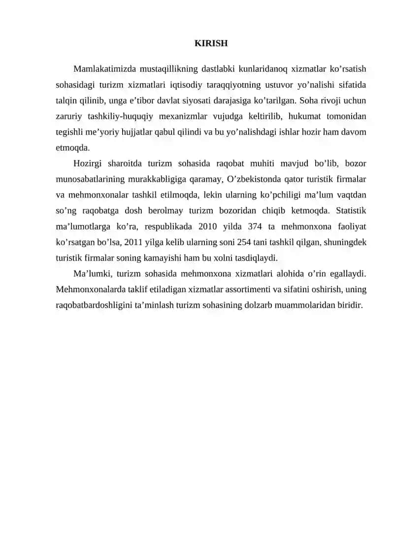Меhmonxonalarning turizm sohasidagi o’rni va Mehmonxona xizmatlari raqobatbardoshligi  Kurs ishi 2