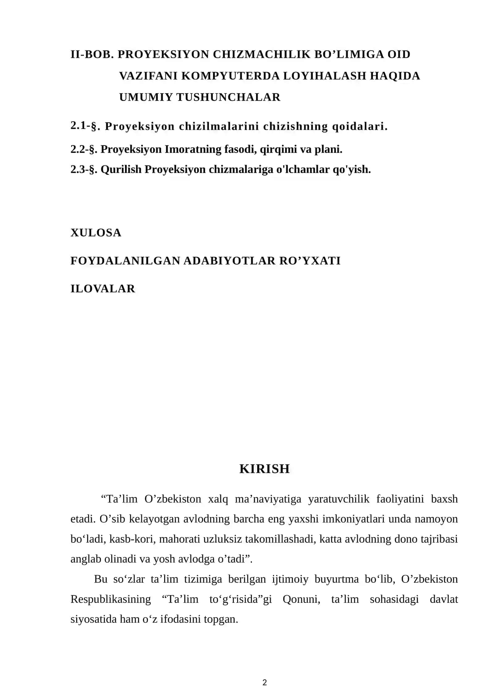 PROYEKSIYON CHIZMACHILIK BO’LIMIGA OID VAZIFANI KOMPYUTERDA LOYIHALASH 2