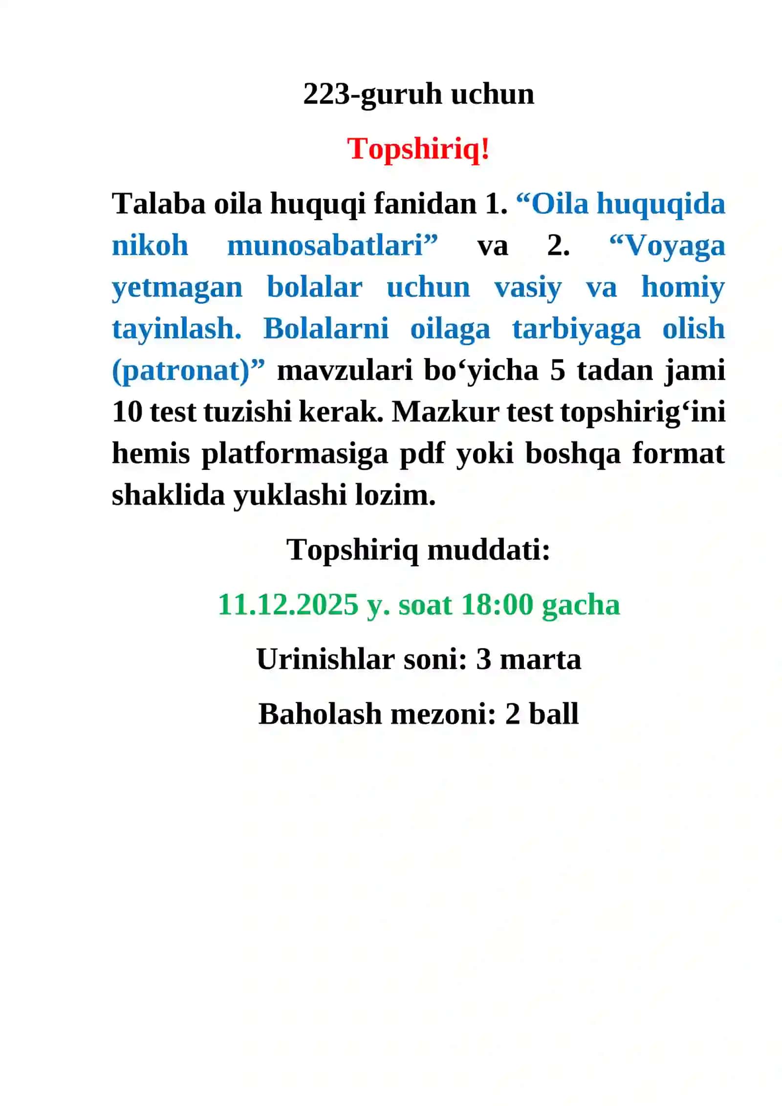 “Oila huquqi tushunchasi, tamoyillari tizimi va manbalari” va “Aliment to‘lash to‘g‘risida kelishuv. Alimentni to‘lash va undirish tartibi” topshiriqlar 2