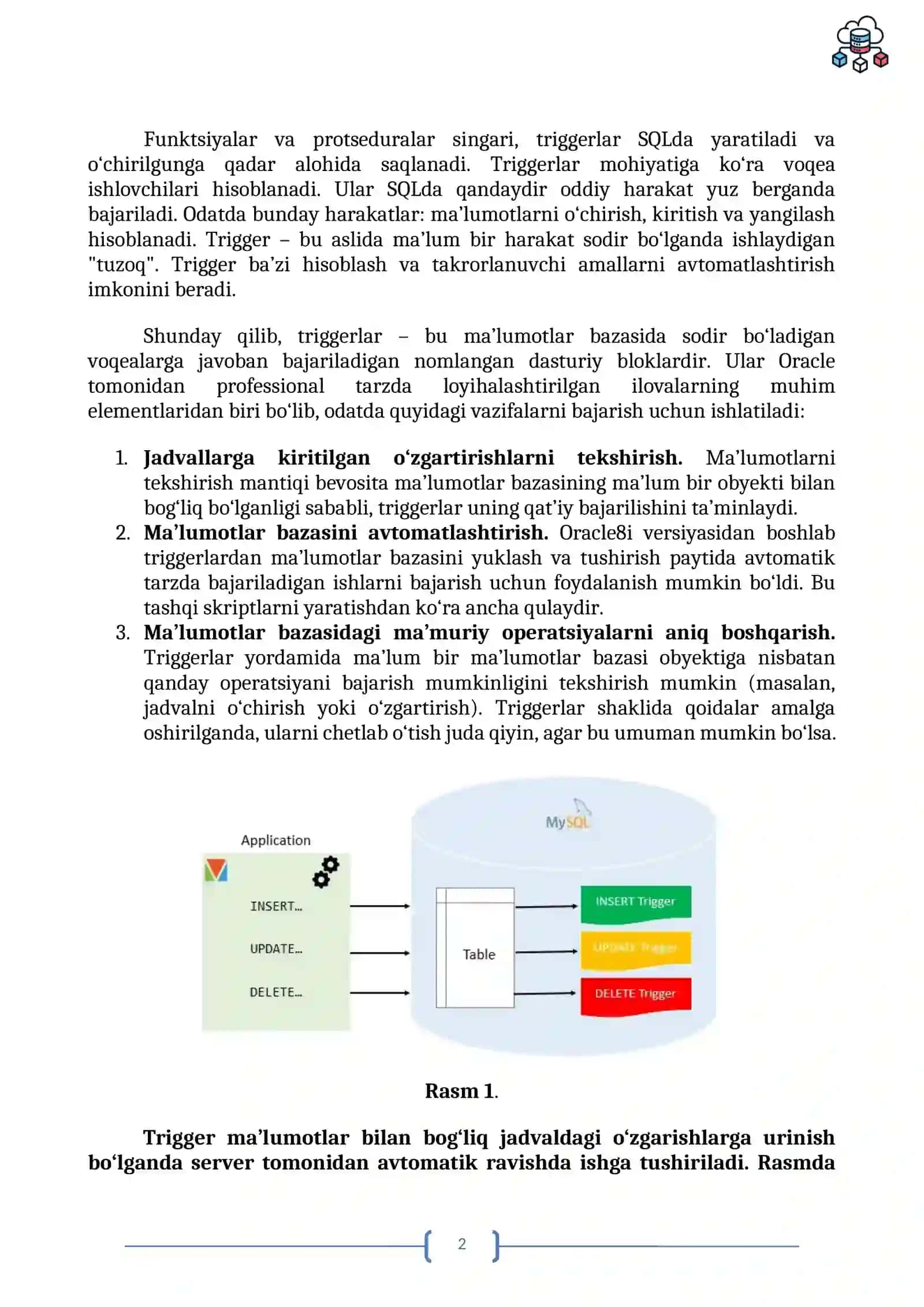 SXEMAGA TEGISHLI OBYEKTLAR. SAQLANGAN PROTSEDURALAR VA FUNKSIYALAR 2