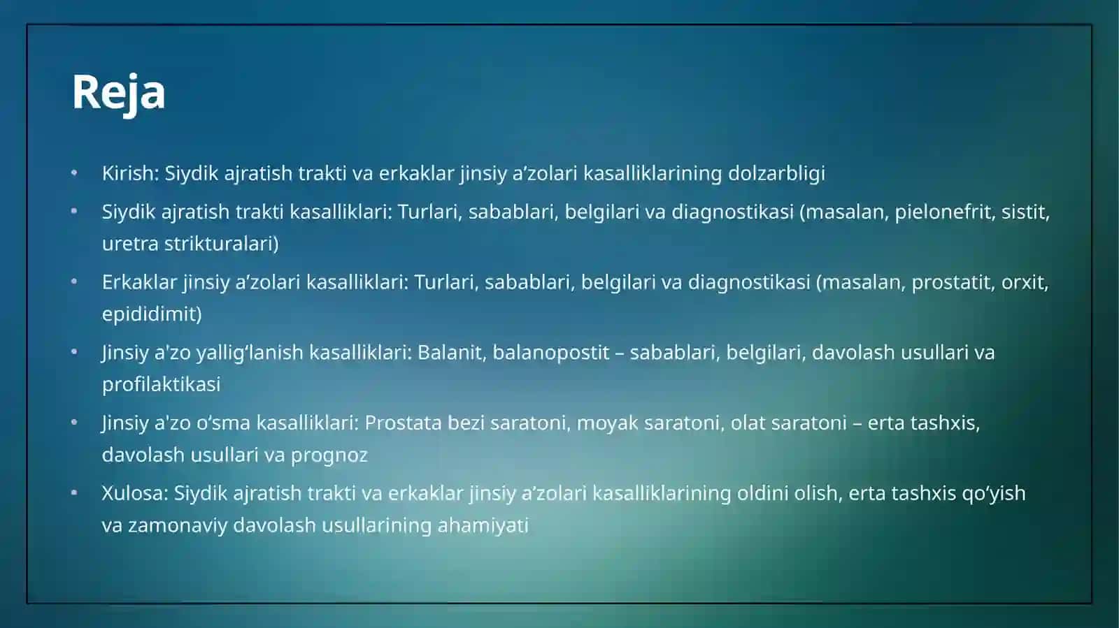 Siydik ajratish trakti va erkaklar jinsiy aʼzolari kasalliklari, Jinsiy a'zo yalligʻlanish va oʻsma kasalliklari 2