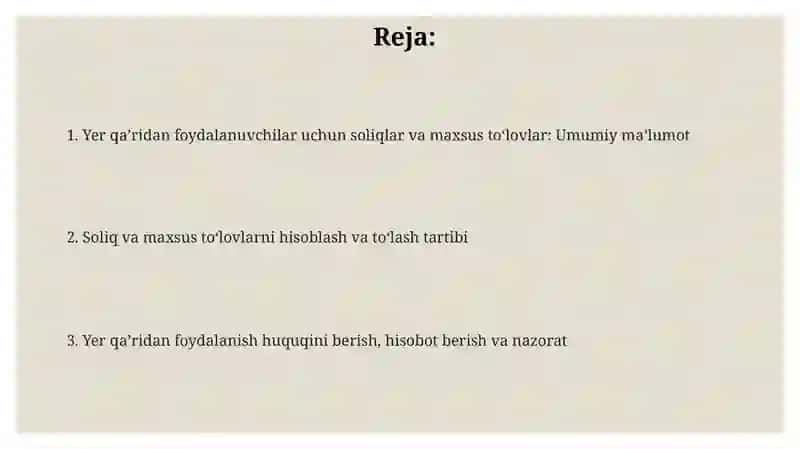 Yer qa'ridan foydalanish uchun soliqlar va maxsus to'lovlar 2